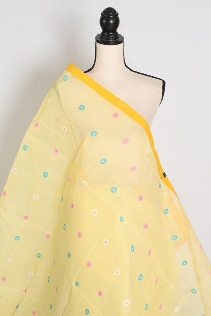 Bhumi: Light Yellow Pure Bengal Cotton Jamdani Saree - Handloom Tant - Saree Mandi