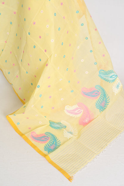 Bhumi: Light Yellow Pure Bengal Cotton Jamdani Saree - Handloom Tant - Saree Mandi