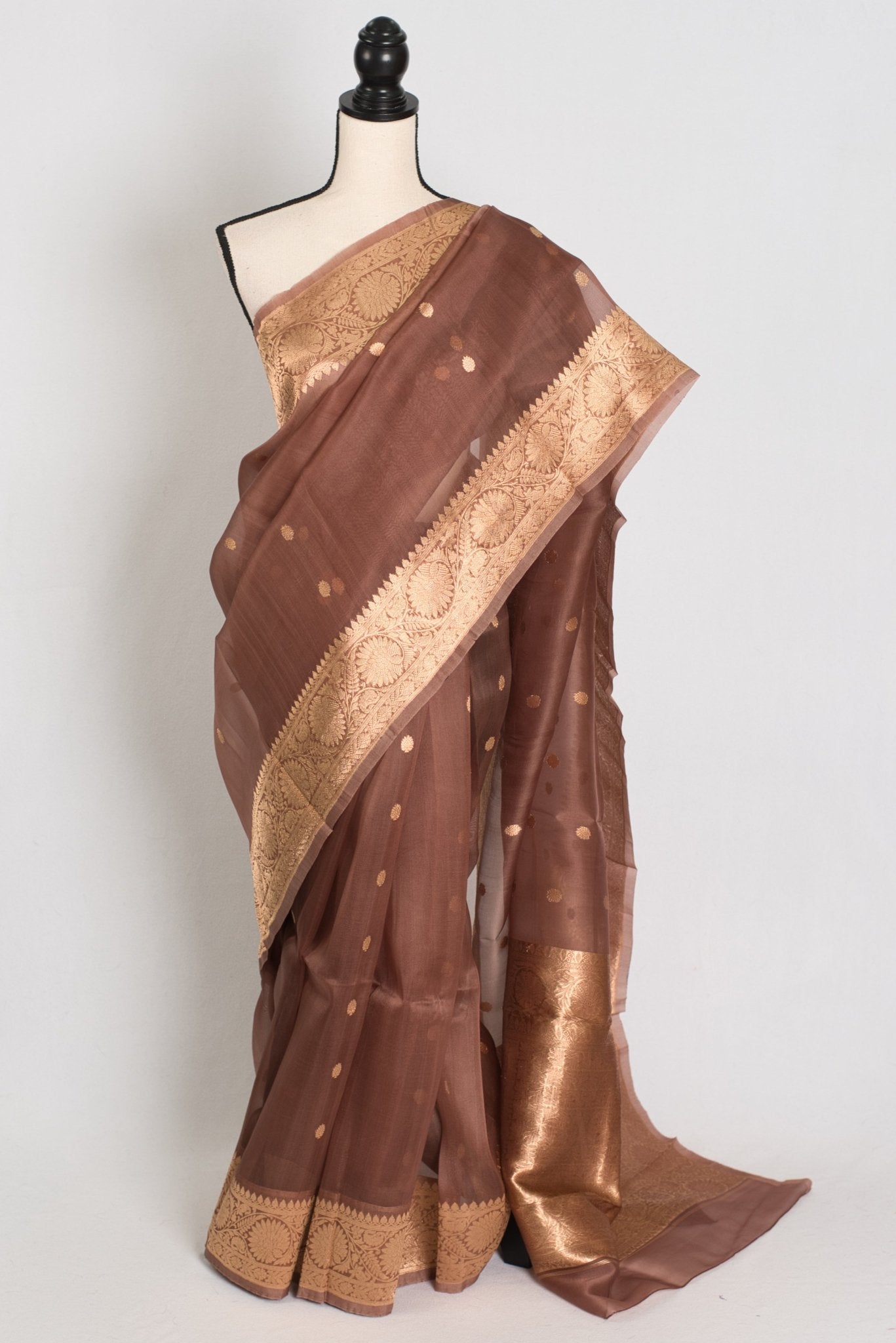 Bimala : Silk Mark Certified Brown and Gold Kora Organza Banarasi Saree - Saree Mandi