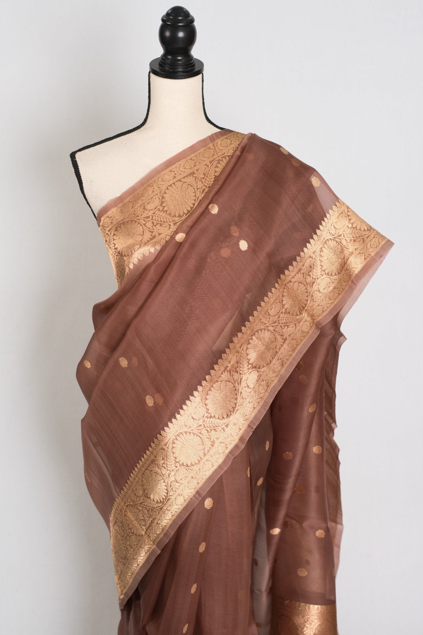 Bimala : Silk Mark Certified Brown and Gold Kora Organza Banarasi Saree - Saree Mandi