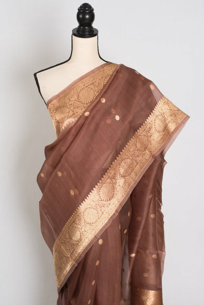 Bimala : Silk Mark Certified Brown and Gold Kora Organza Banarasi Saree - Saree Mandi