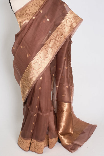 Bimala : Silk Mark Certified Brown and Gold Kora Organza Banarasi Saree - Saree Mandi