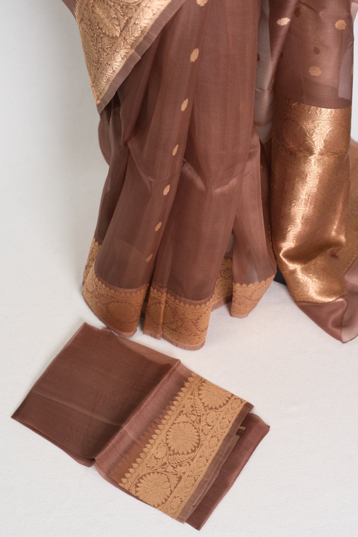 Bimala : Silk Mark Certified Brown and Gold Kora Organza Banarasi Saree - Saree Mandi