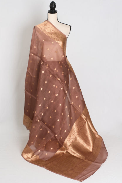 Bimala : Silk Mark Certified Brown and Gold Kora Organza Banarasi Saree - Saree Mandi