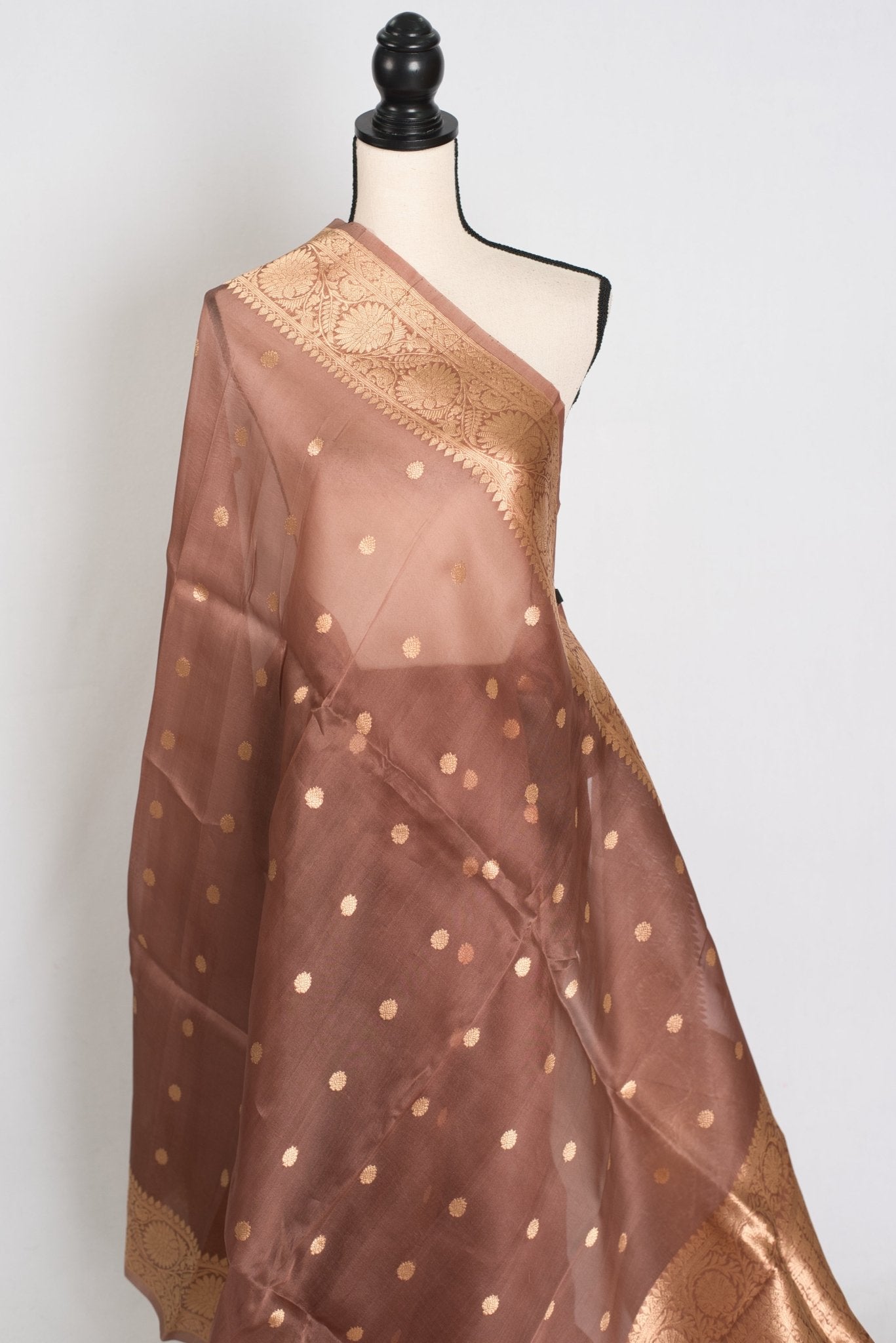Bimala : Silk Mark Certified Brown and Gold Kora Organza Banarasi Saree - Saree Mandi