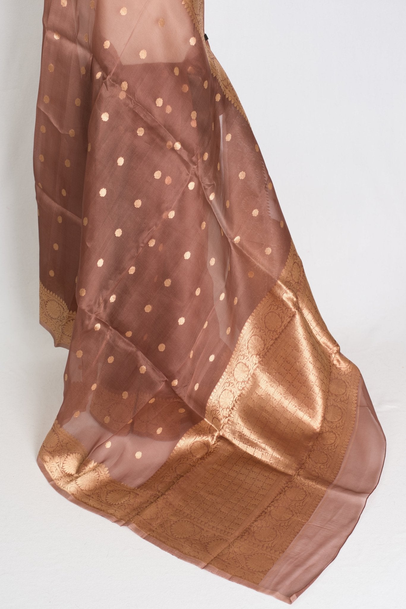 Bimala : Silk Mark Certified Brown and Gold Kora Organza Banarasi Saree - Saree Mandi