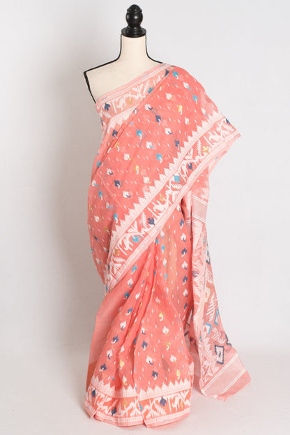 Bina : Peach and White Blended Soft Cotton Jamdani Bengali Saree - Saree Mandi