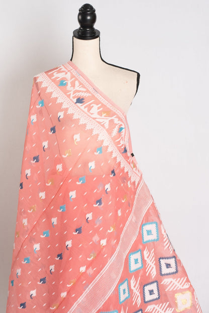 Bina : Peach and White Blended Soft Cotton Jamdani Bengali Saree - Saree Mandi