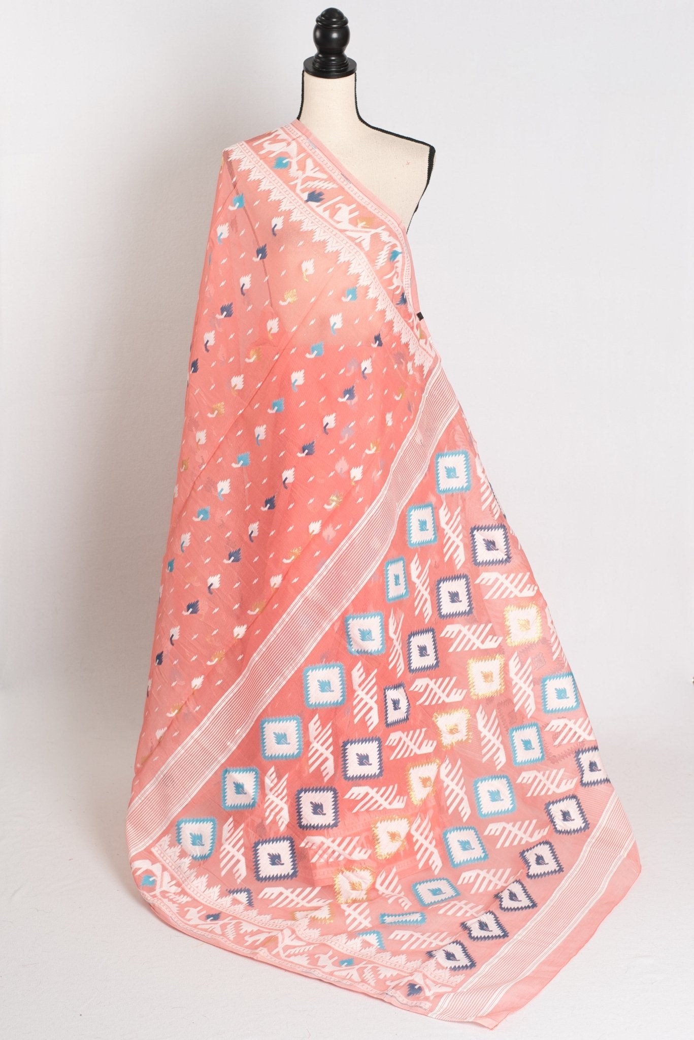 Bina : Peach and White Blended Soft Cotton Jamdani Bengali Saree - Saree Mandi