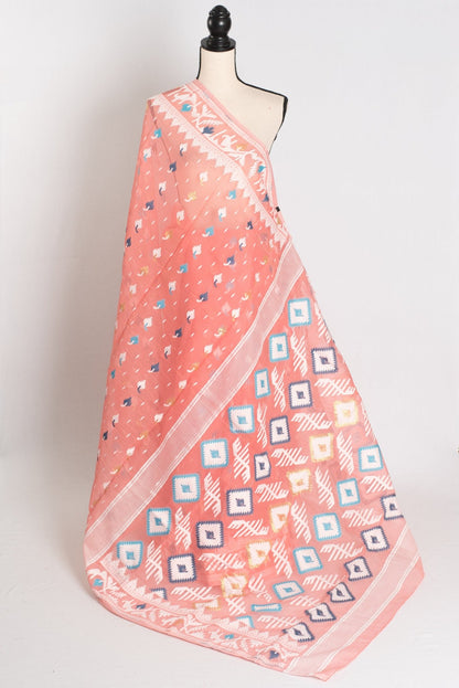 Bina : Peach and White Blended Soft Cotton Jamdani Bengali Saree - Saree Mandi