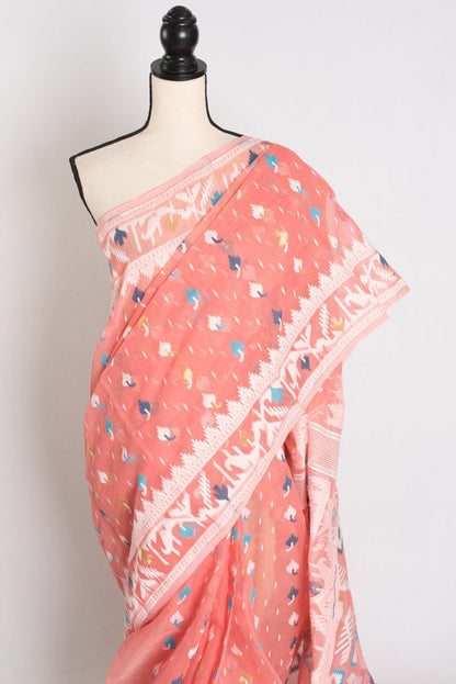 Bina : Peach and White Blended Soft Cotton Jamdani Bengali Saree - Saree Mandi