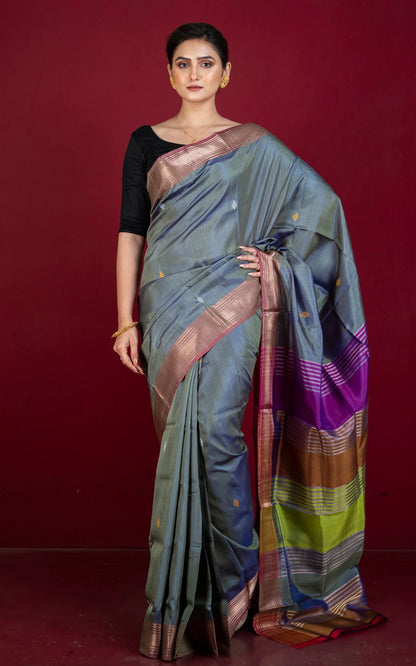 Silk Mark Certified Bishnupuri Katan Silk Saree in Grey and Pale Red.