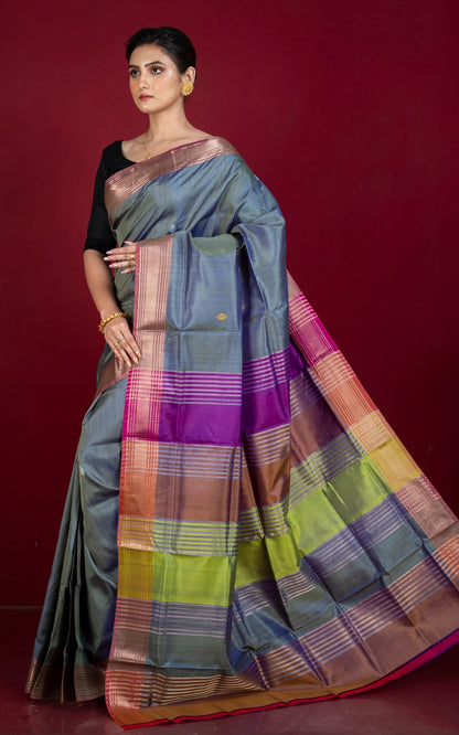 Silk Mark Certified Bishnupuri Katan Silk Saree in Grey and Pale Red.