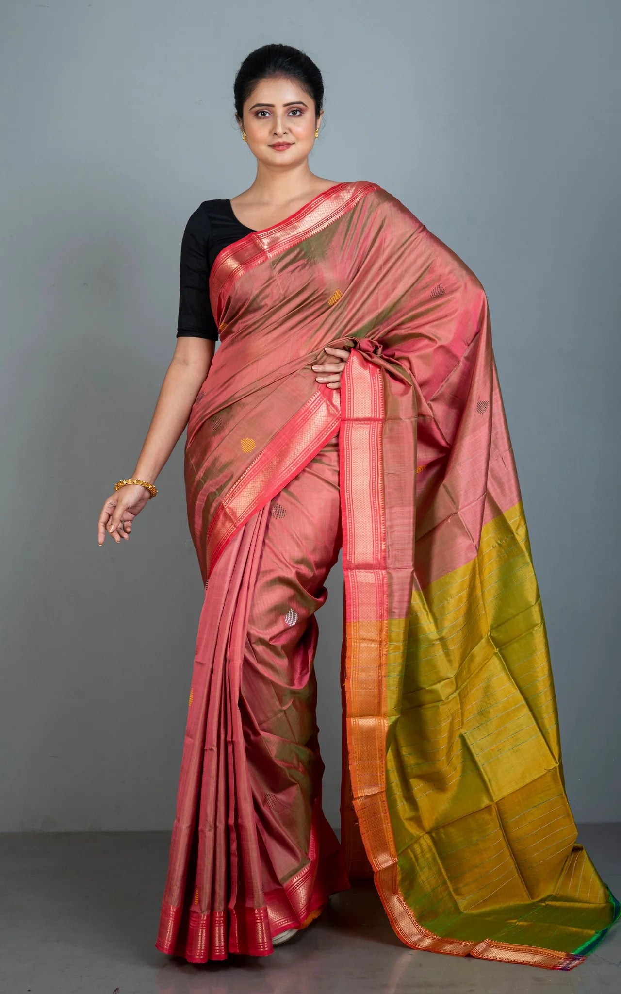 Silk Mark Certified Bishnupuri Katan Silk Saree in Red Sandalwood Color and Yellow Green.