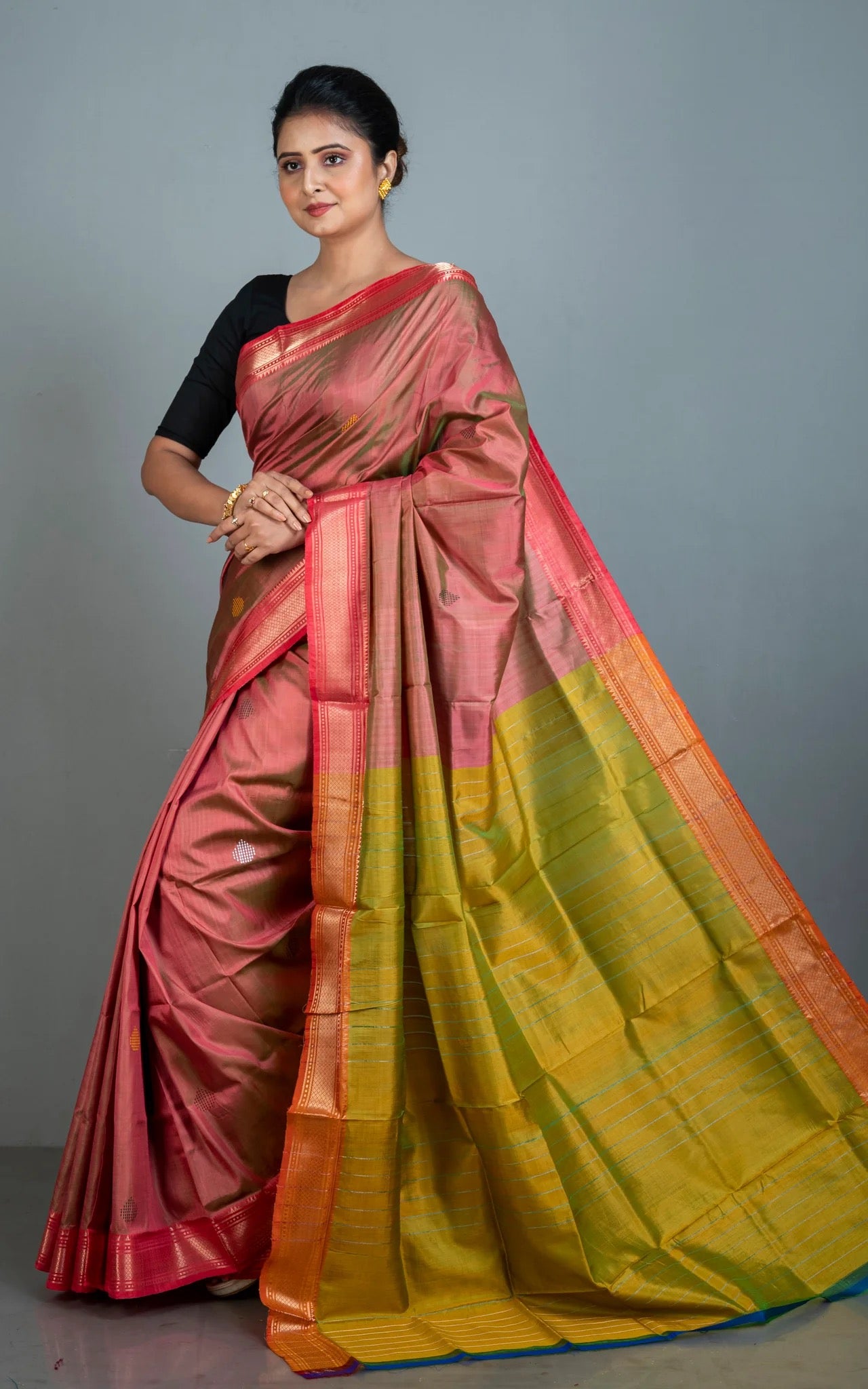 Silk Mark Certified Bishnupuri Katan Silk Saree in Red Sandalwood Color and Yellow Green.