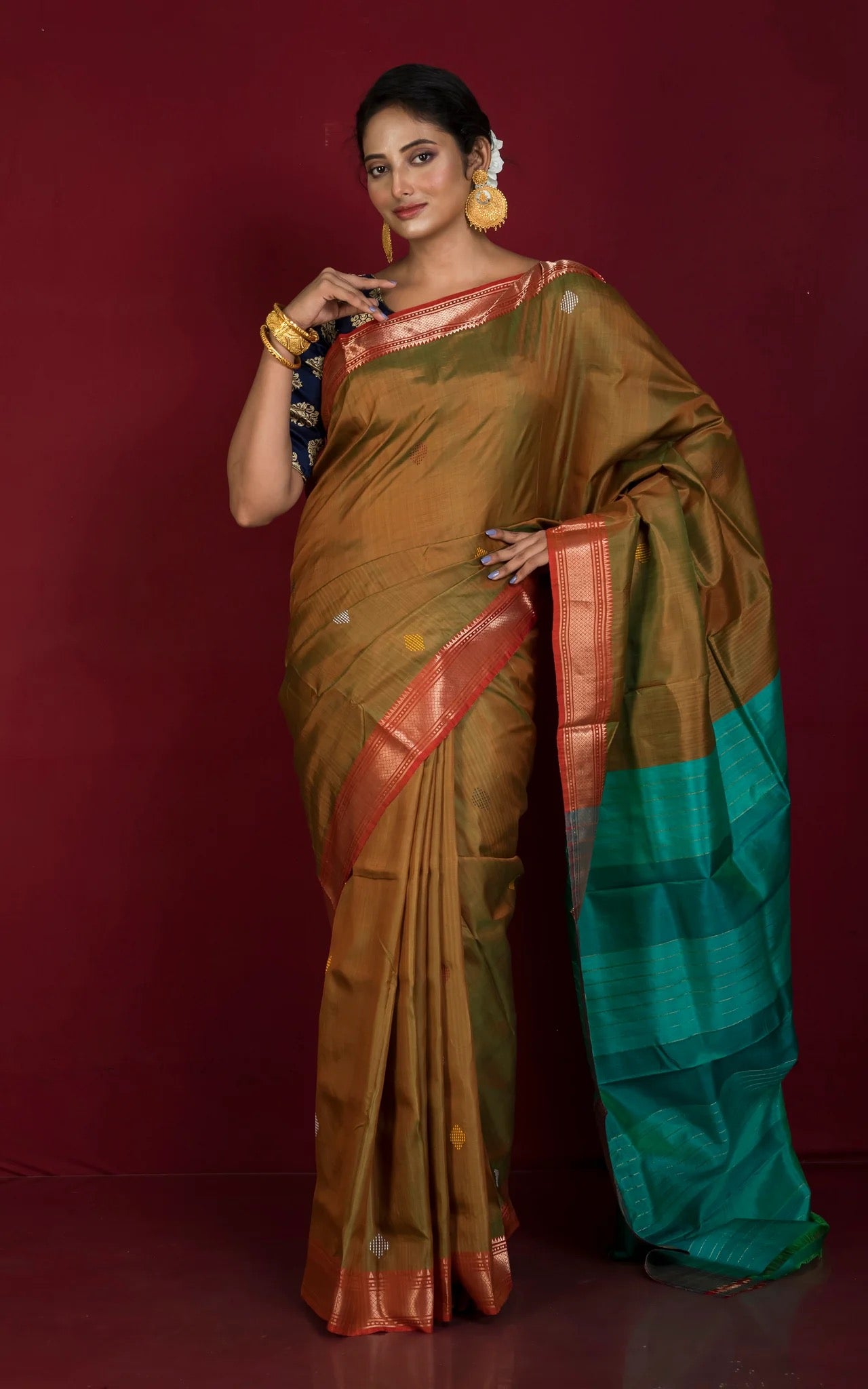 Silk Mark Certified Bishnupuri Katan Silk Saree in Brown.