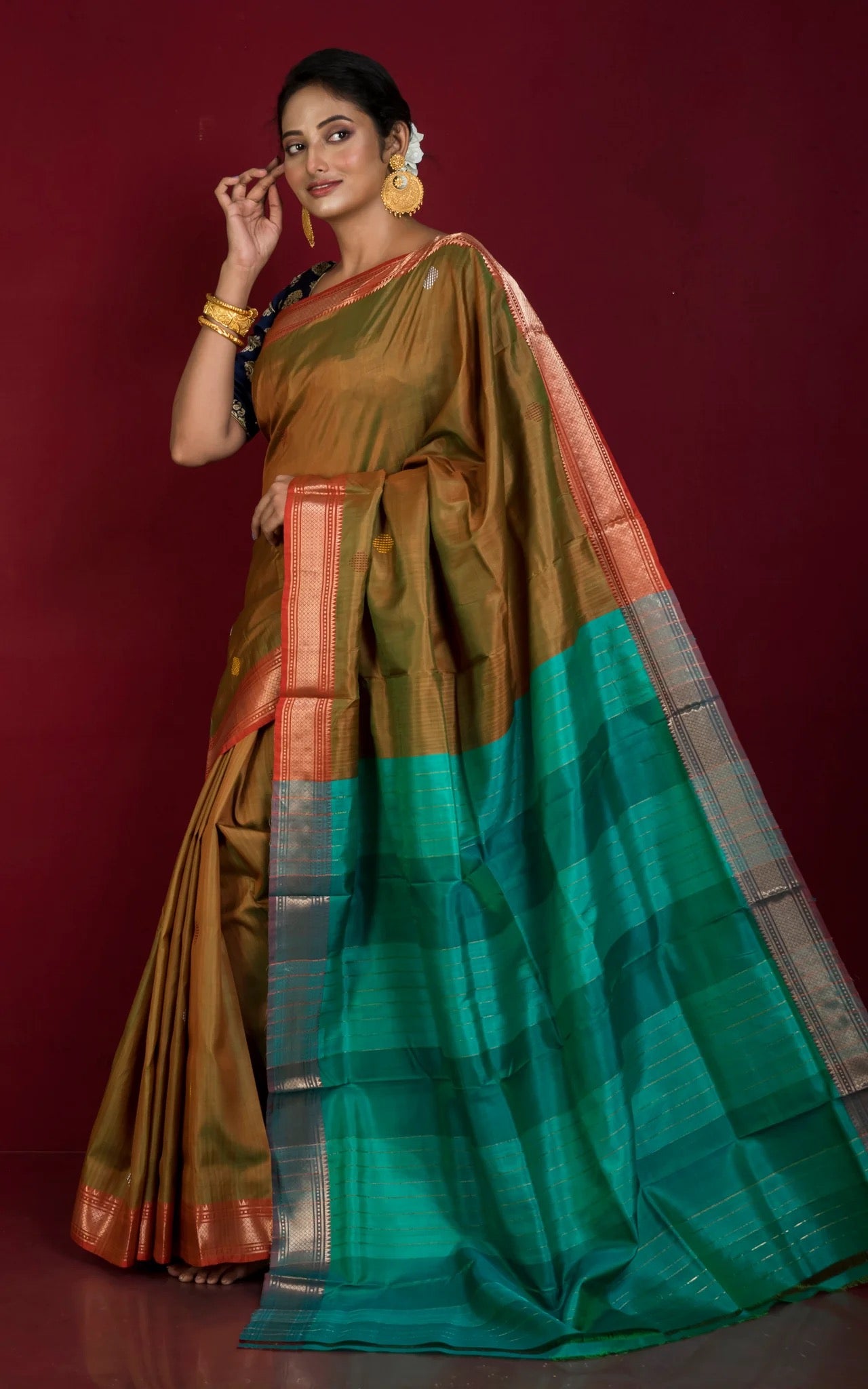 Silk Mark Certified Bishnupuri Katan Silk Saree in Brown.