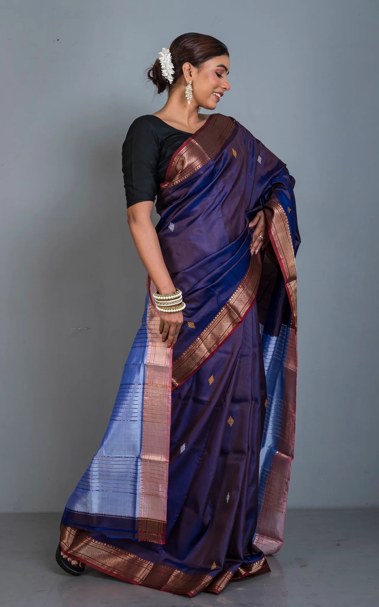 Silk Mark Certified Bishnupuri Katan Silk Saree in Dual Shade of Purple.