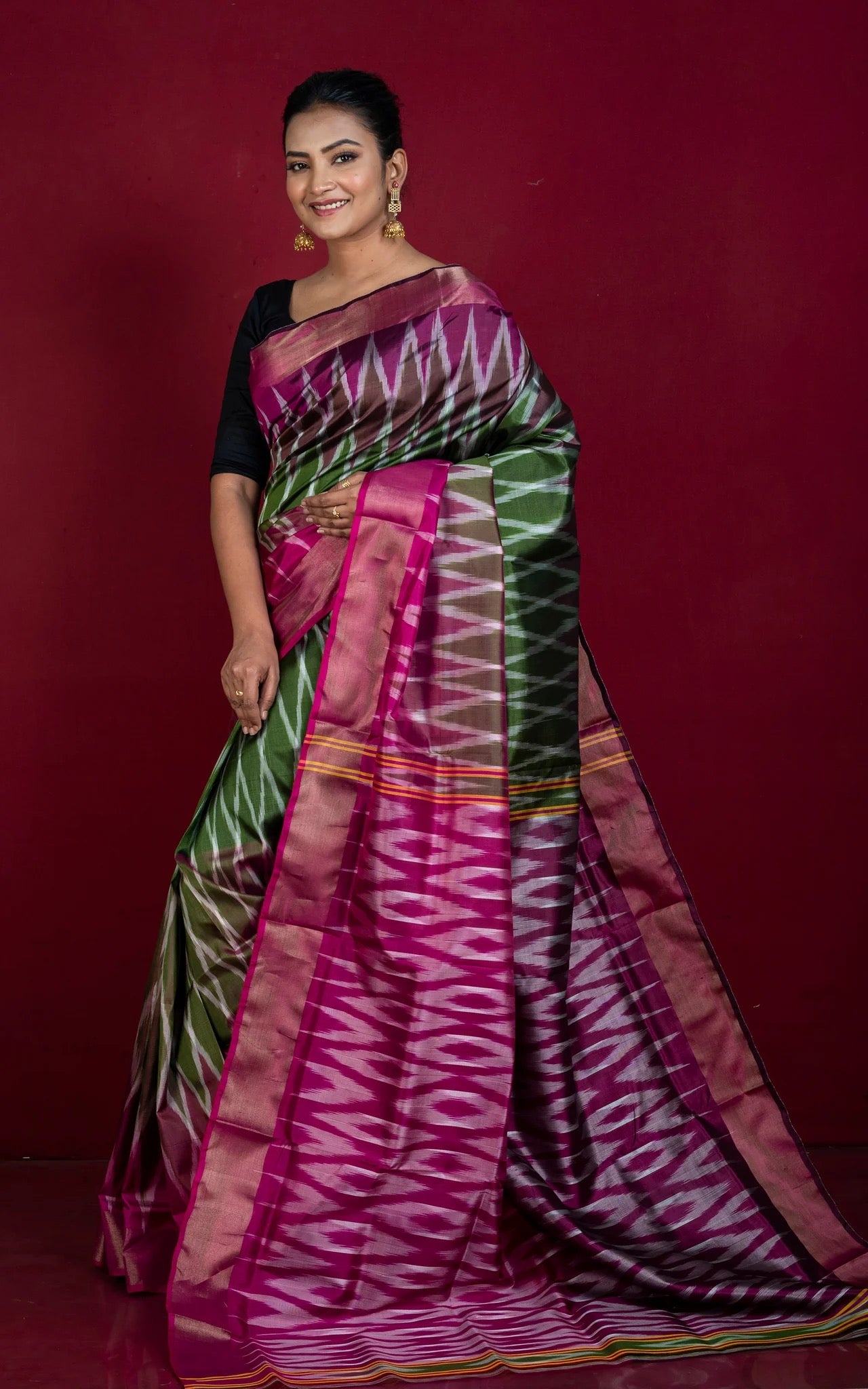 Heena Green Bishnupuri Ikkat Silk Saree - Bengal Silk Saree Collection.