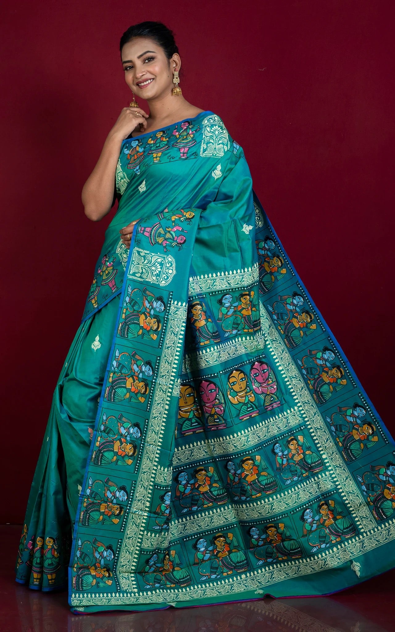 Bishnupuri Silk Patachitra Saree in Sea Green - Bengali Silk Saree.