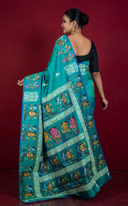 Bishnupuri Silk Patachitra Saree in Sea Green - Bengali Silk Saree.