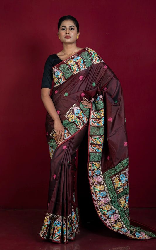 Hand Painted Patachitra Bishnupuri Silk Saree in Garnet Color - Bengali Saree.