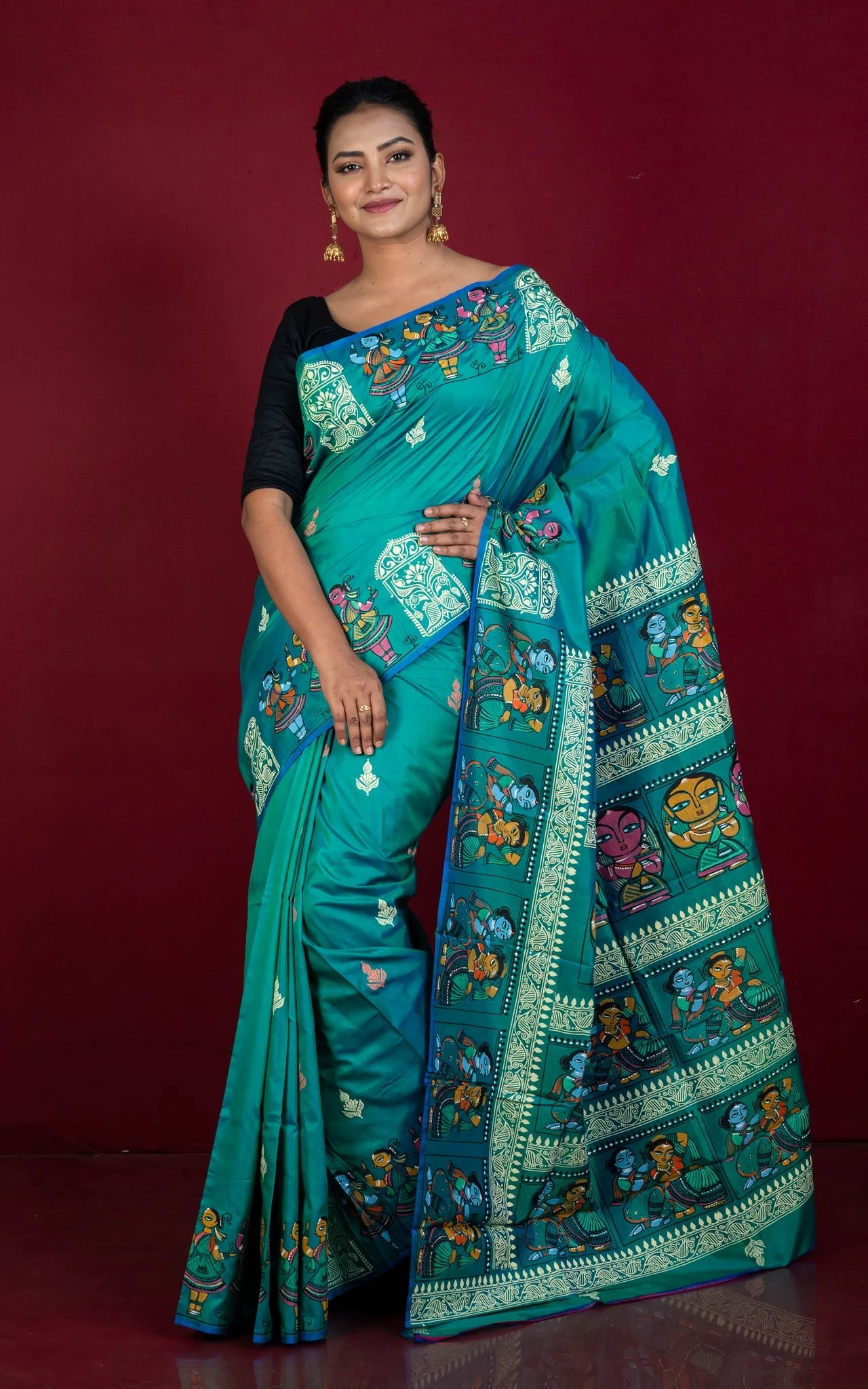 Bishnupuri Silk Patachitra Saree in Sea Green - Bengali Silk Saree.