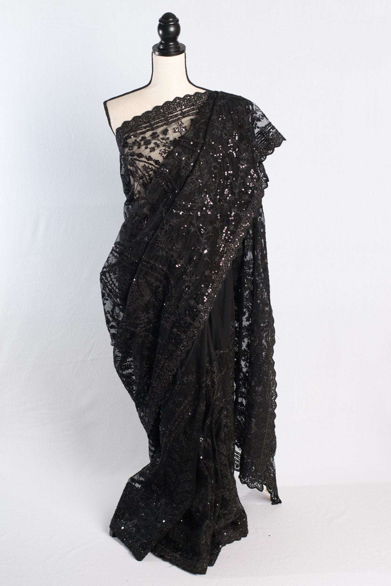 Black Designer Net Saree With Embroidery Thread Work - Saree Mandi