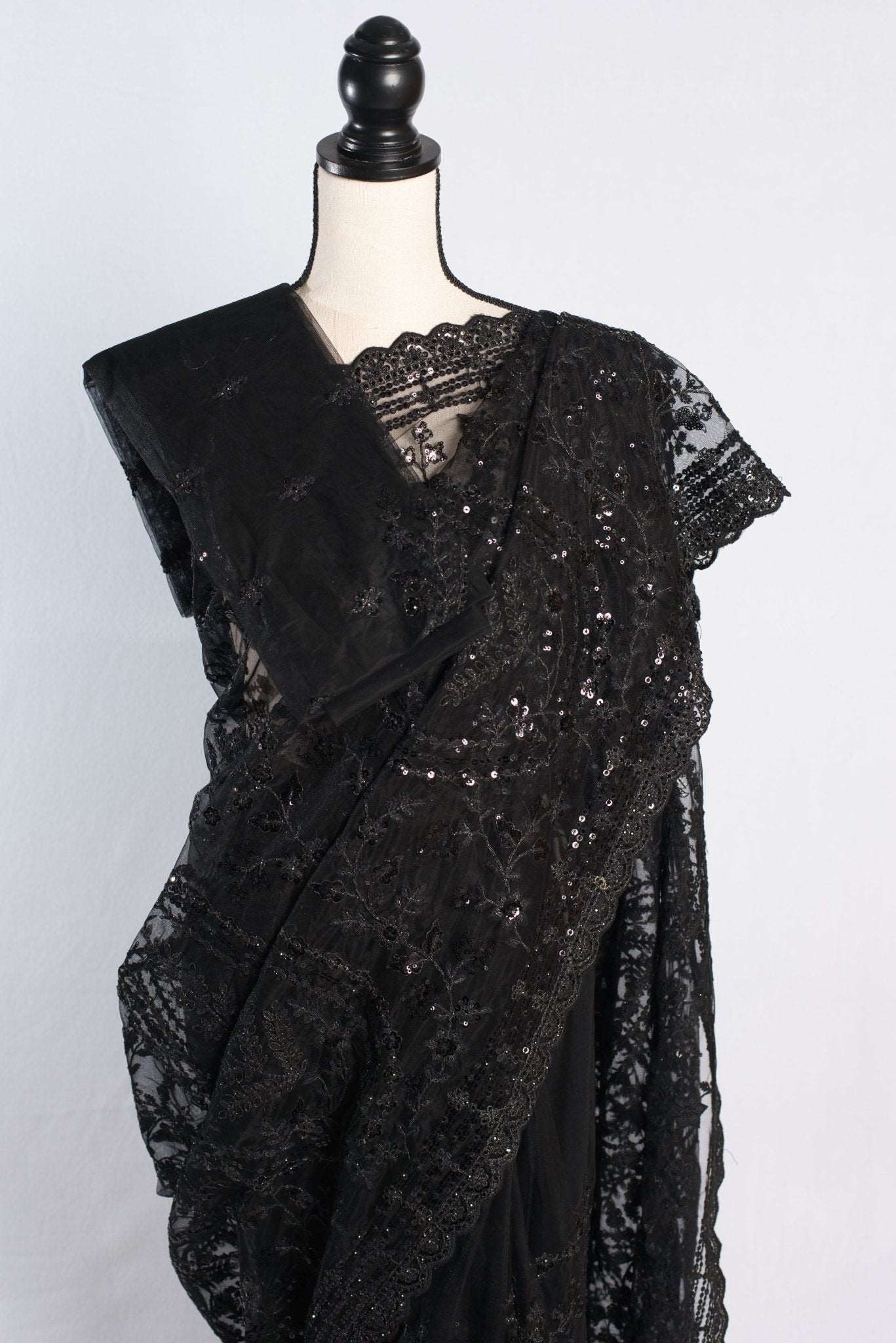 Black Designer Net Saree With Embroidery Thread Work - Saree Mandi