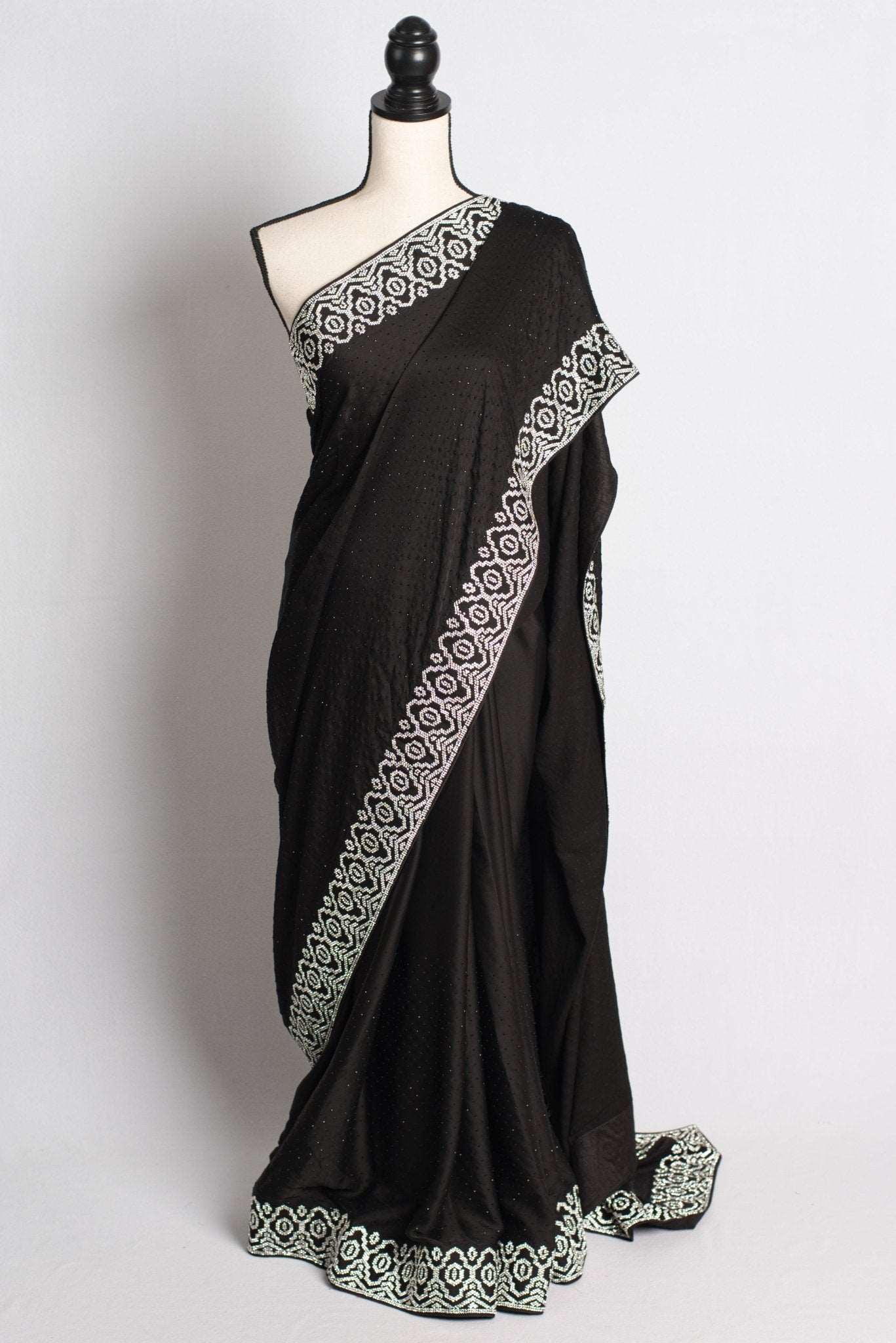 Black Partywear Satin Silk Saree with White Stone Work Border - Saree Mandi