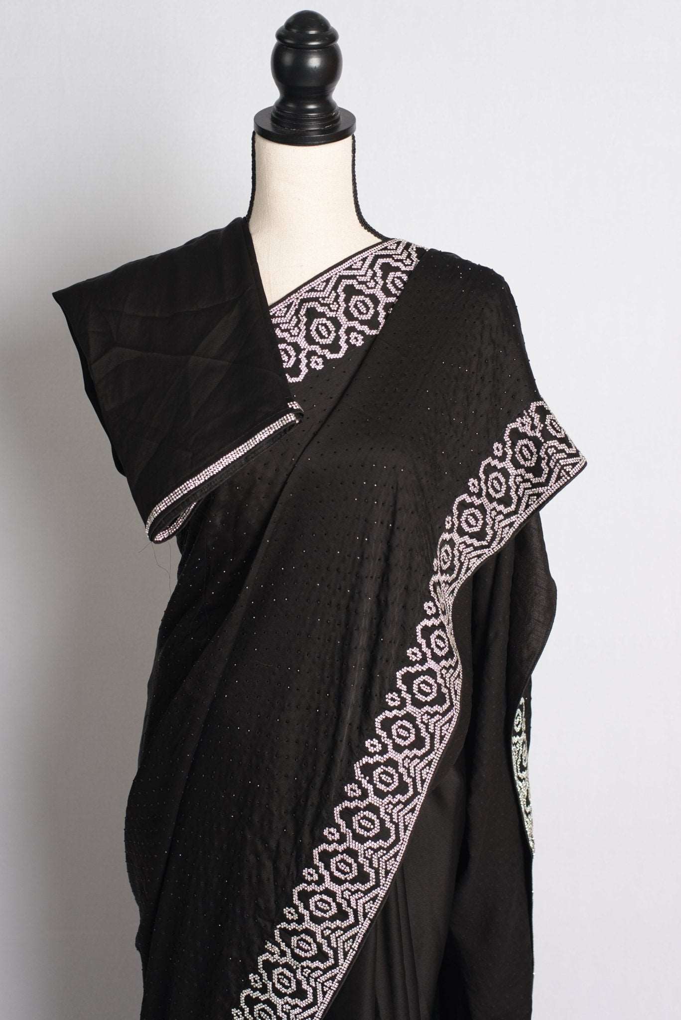 Black Partywear Satin Silk Saree with White Stone Work Border - Saree Mandi