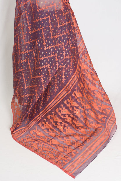 Blended Cotton Soft Jamdani Saree in Purple and Orange - Saree Mandi