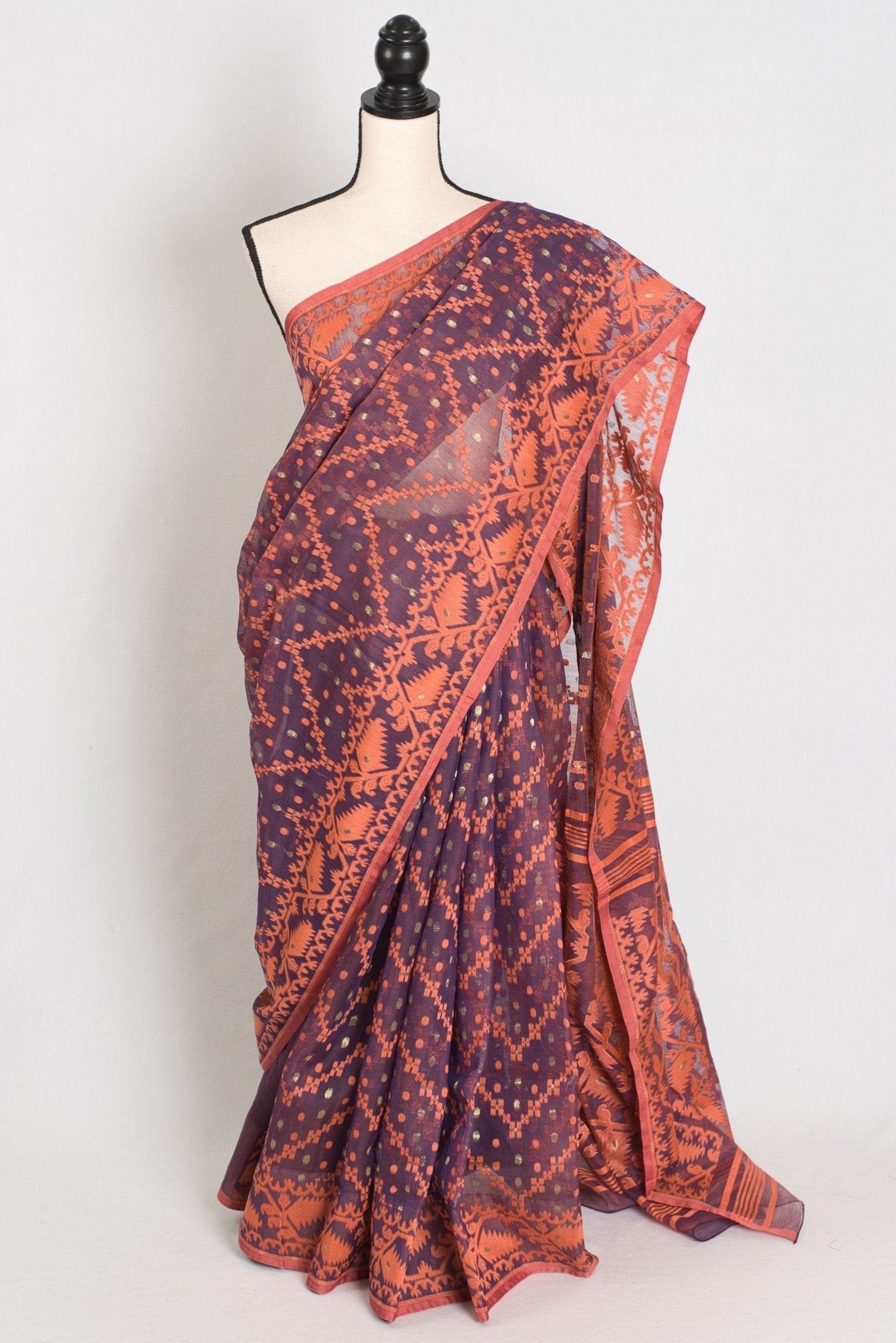 Blended Cotton Soft Jamdani Saree in Purple and Orange - Saree Mandi