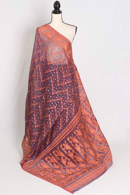 Blended Cotton Soft Jamdani Saree in Purple and Orange - Saree Mandi