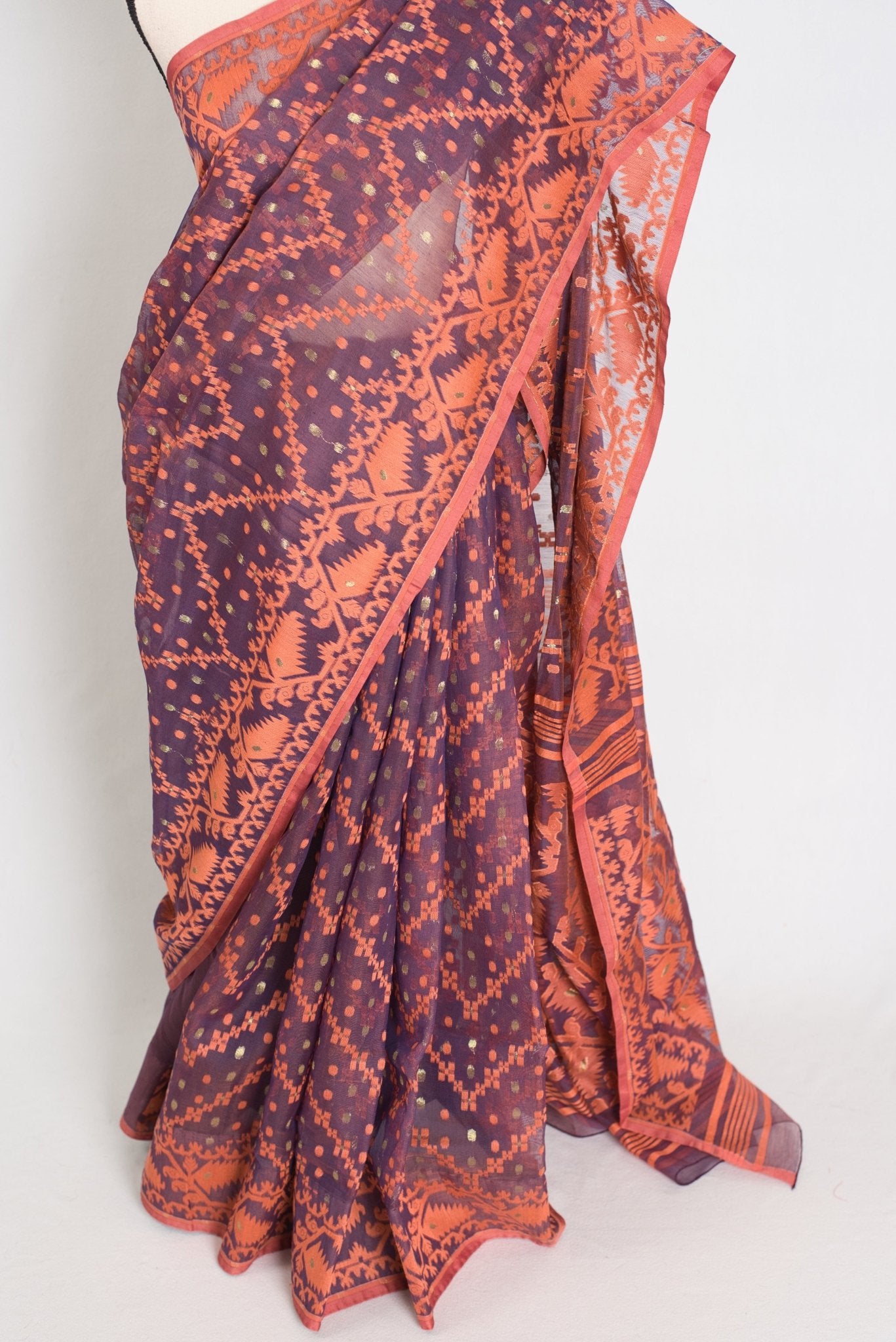 Blended Cotton Soft Jamdani Saree in Purple and Orange - Saree Mandi