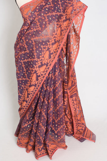 Blended Cotton Soft Jamdani Saree in Purple and Orange - Saree Mandi