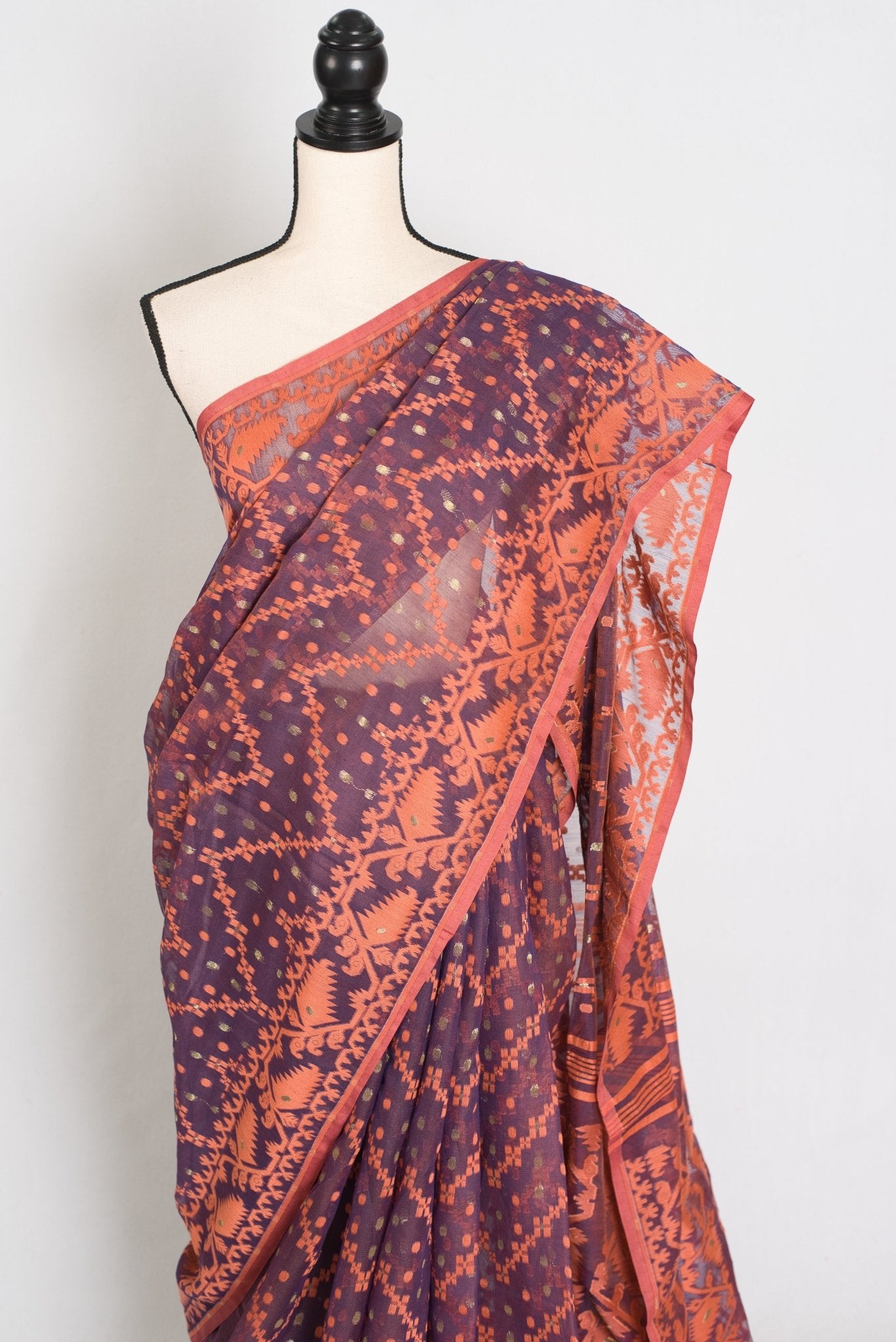 Blended Cotton Soft Jamdani Saree in Purple and Orange - Saree Mandi