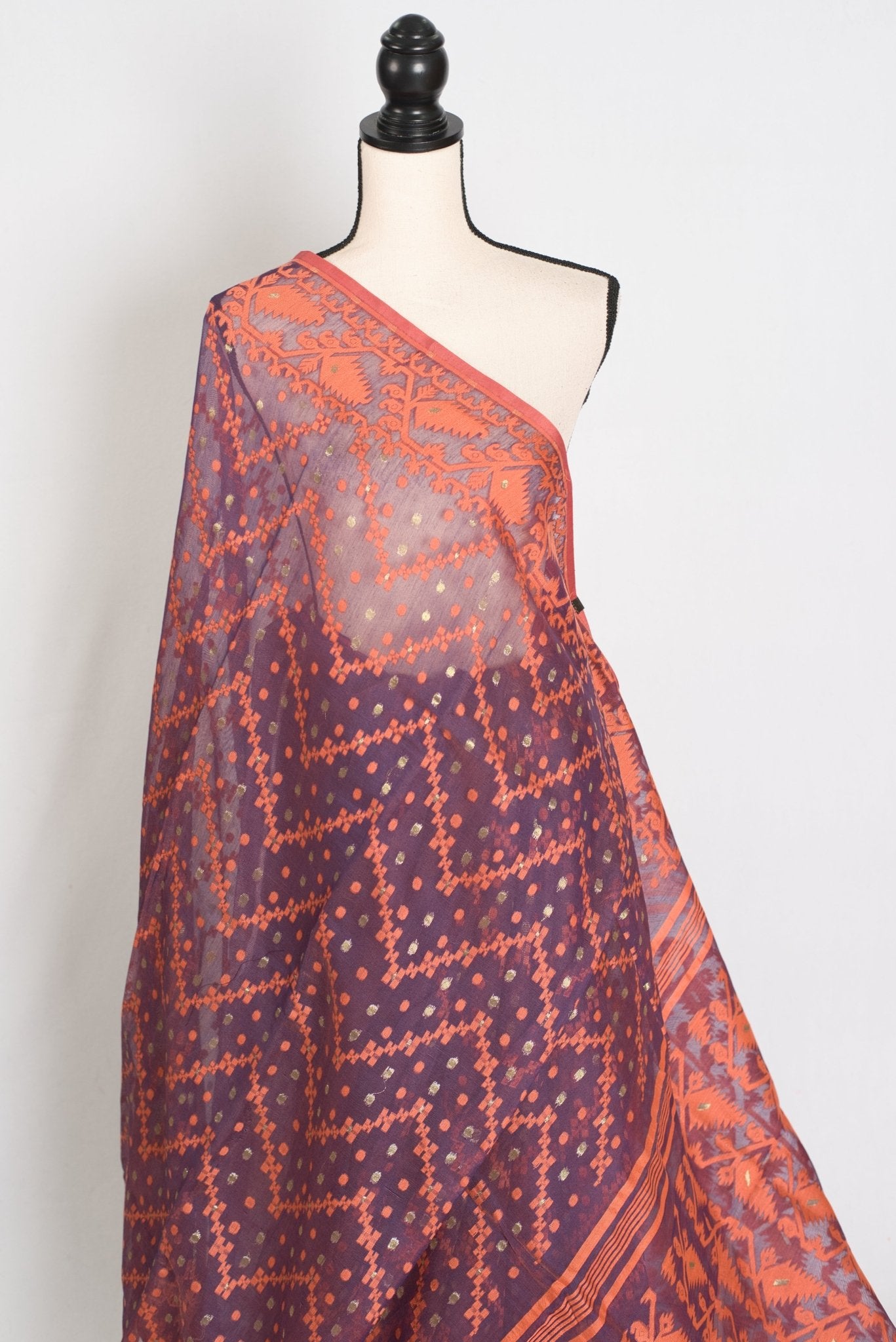 Blended Cotton Soft Jamdani Saree in Purple and Orange - Saree Mandi