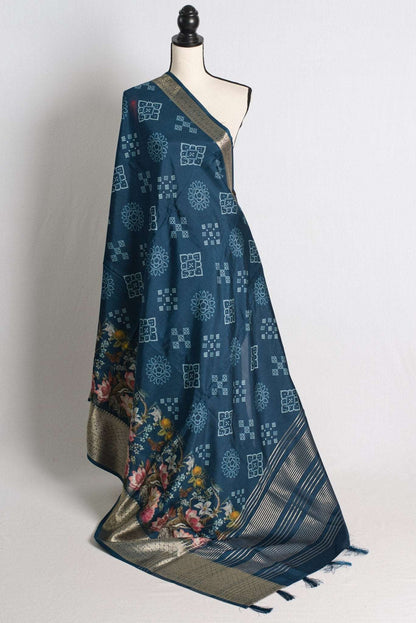 Blended Silk Printed Saree in Blue and Metallic Gold - Saree Mandi