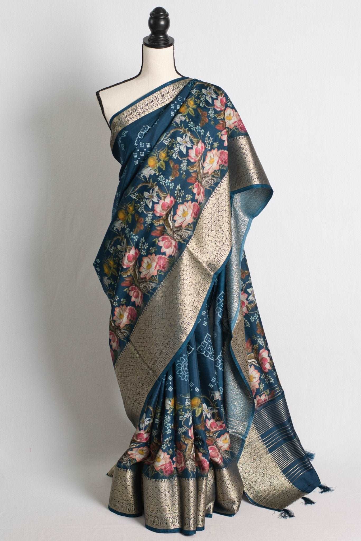 Blended Silk Printed Saree in Blue and Metallic Gold - Saree Mandi