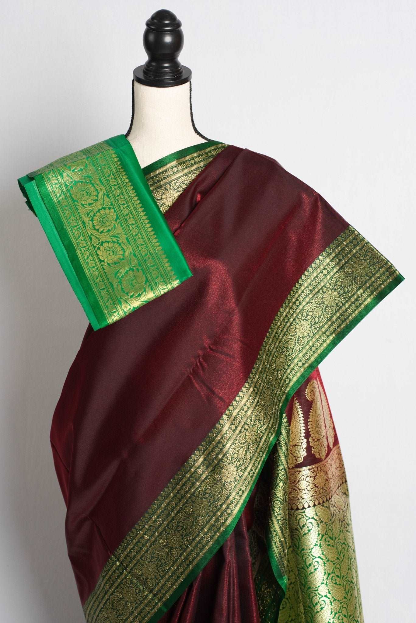 Blended Silk Valkalam Banarasi Saree in Brown and Green - Saree Mandi