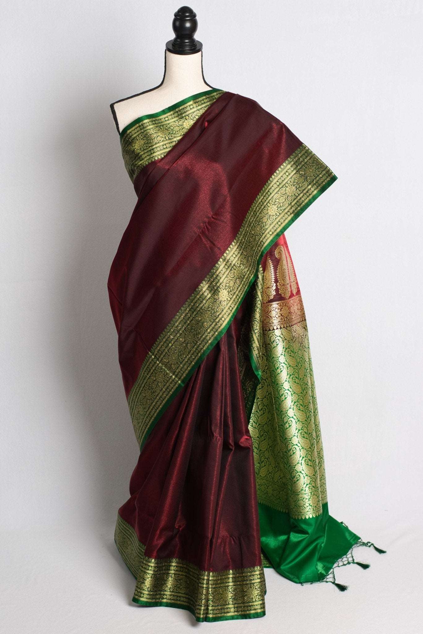 Blended Silk Valkalam Banarasi Saree in Brown and Green - Saree Mandi