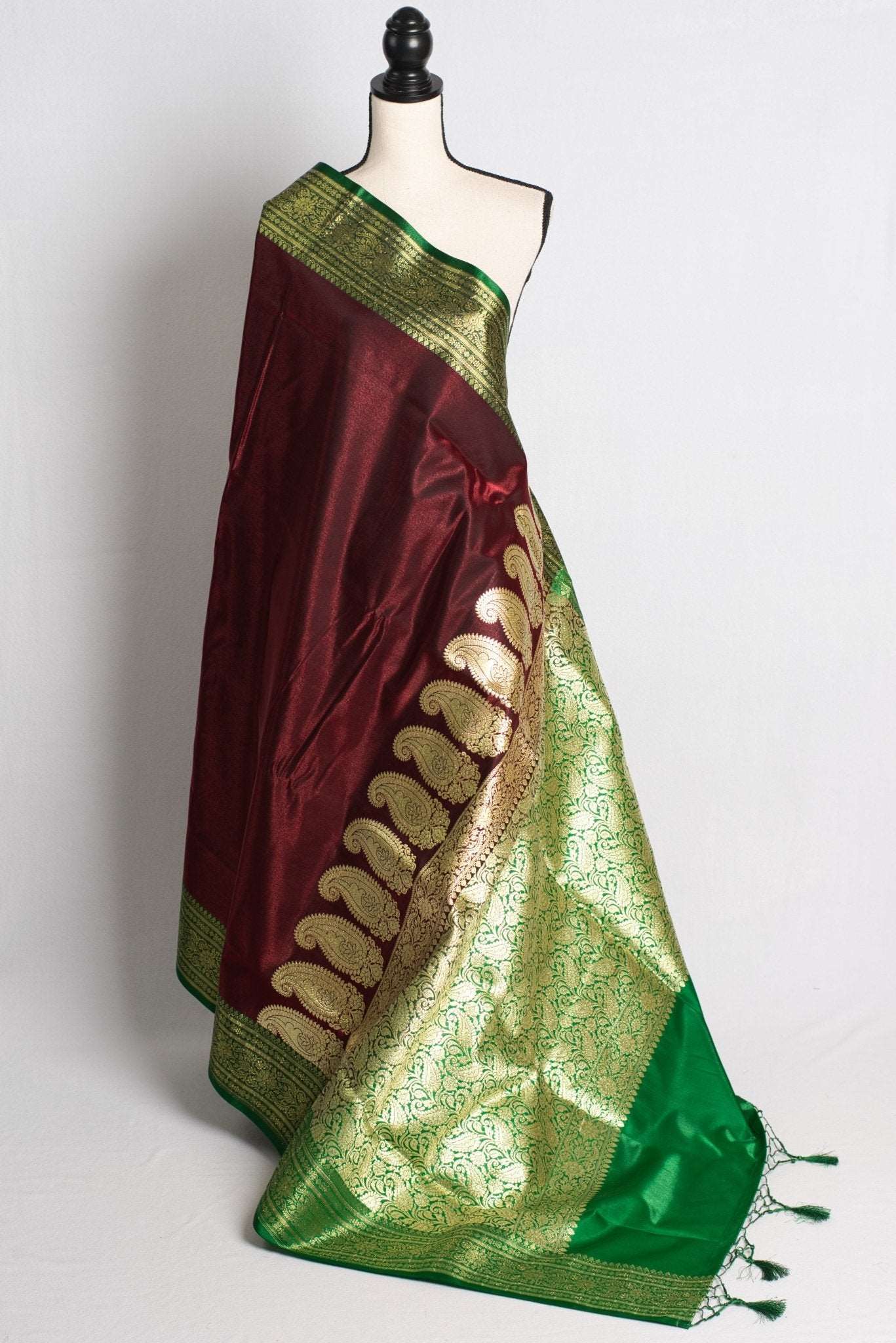 Blended Silk Valkalam Banarasi Saree in Brown and Green - Saree Mandi