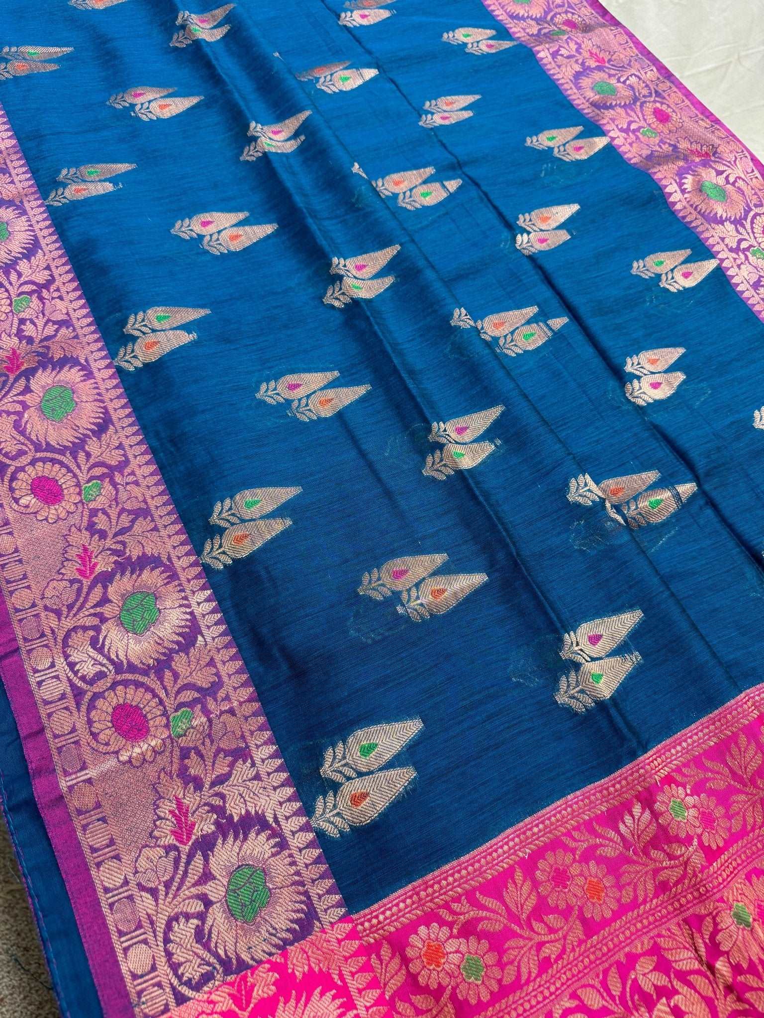 Blended Soft Cotton Silk Banarasi Saree in Cobalt Blue and Pink - Saree Mandi