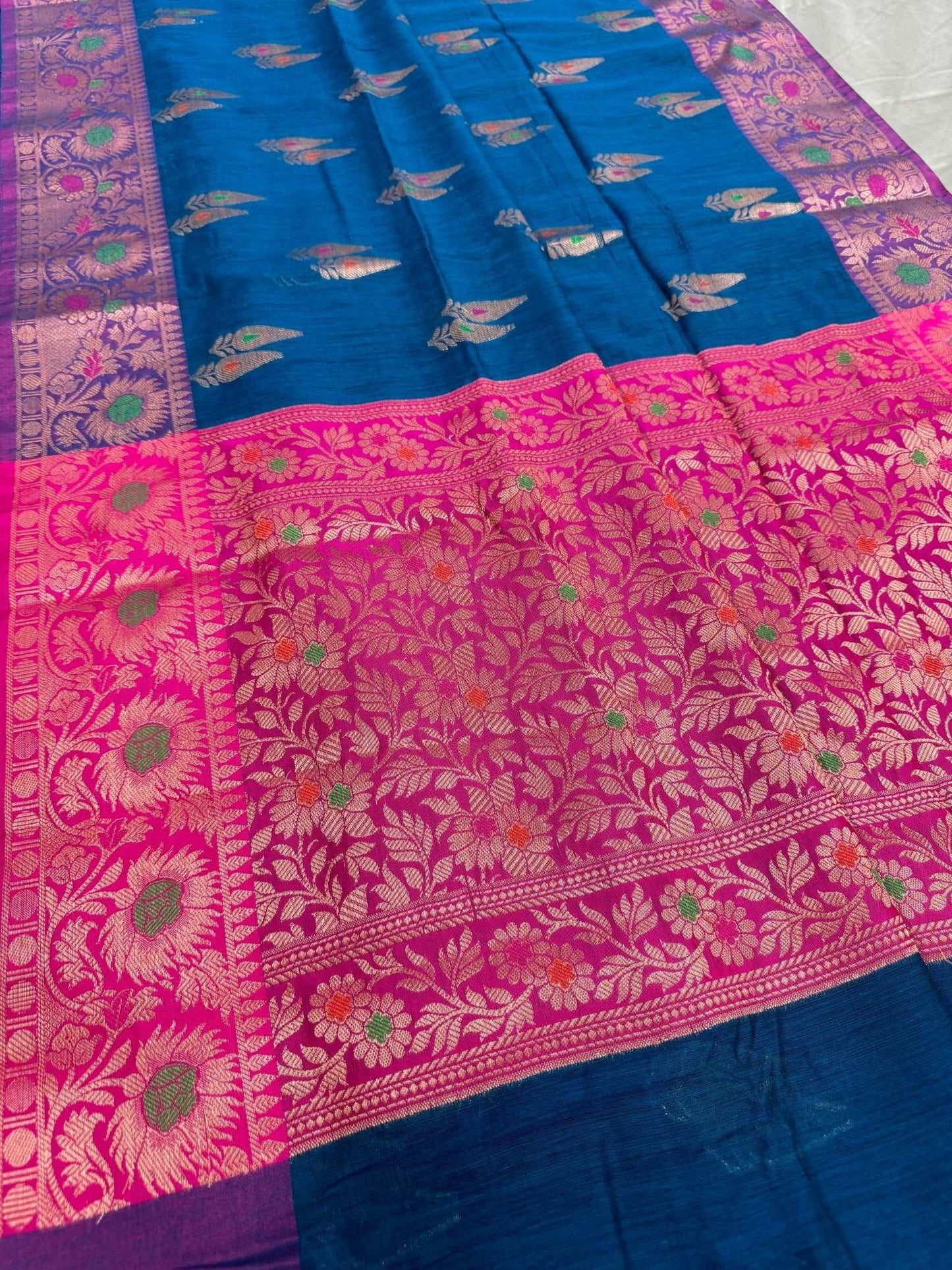 Blended Soft Cotton Silk Banarasi Saree in Cobalt Blue and Pink - Saree Mandi