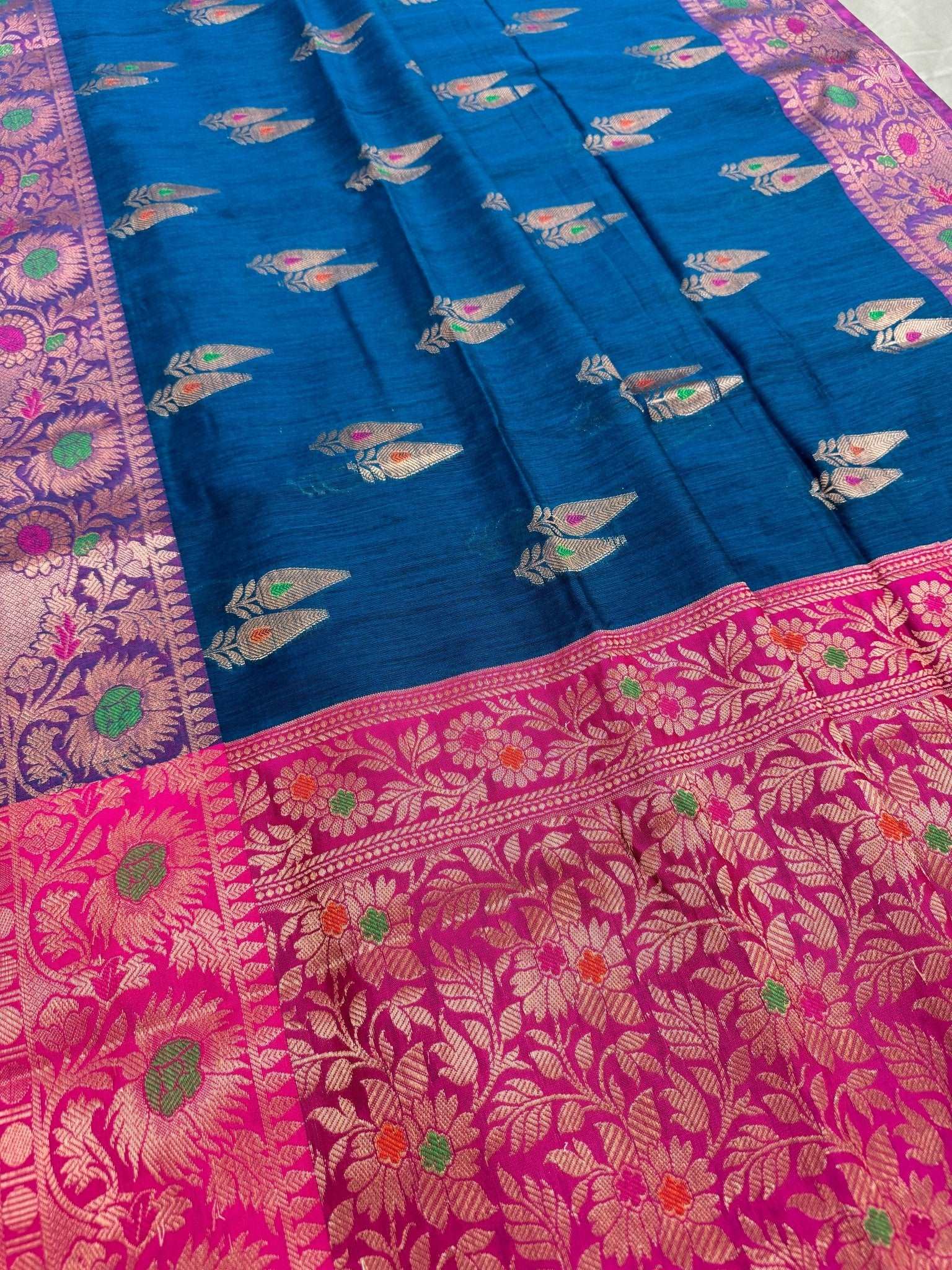 Blended Soft Cotton Silk Banarasi Saree in Cobalt Blue and Pink - Saree Mandi