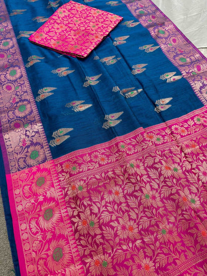 Blended Soft Cotton Silk Banarasi Saree in Cobalt Blue and Pink - Saree Mandi