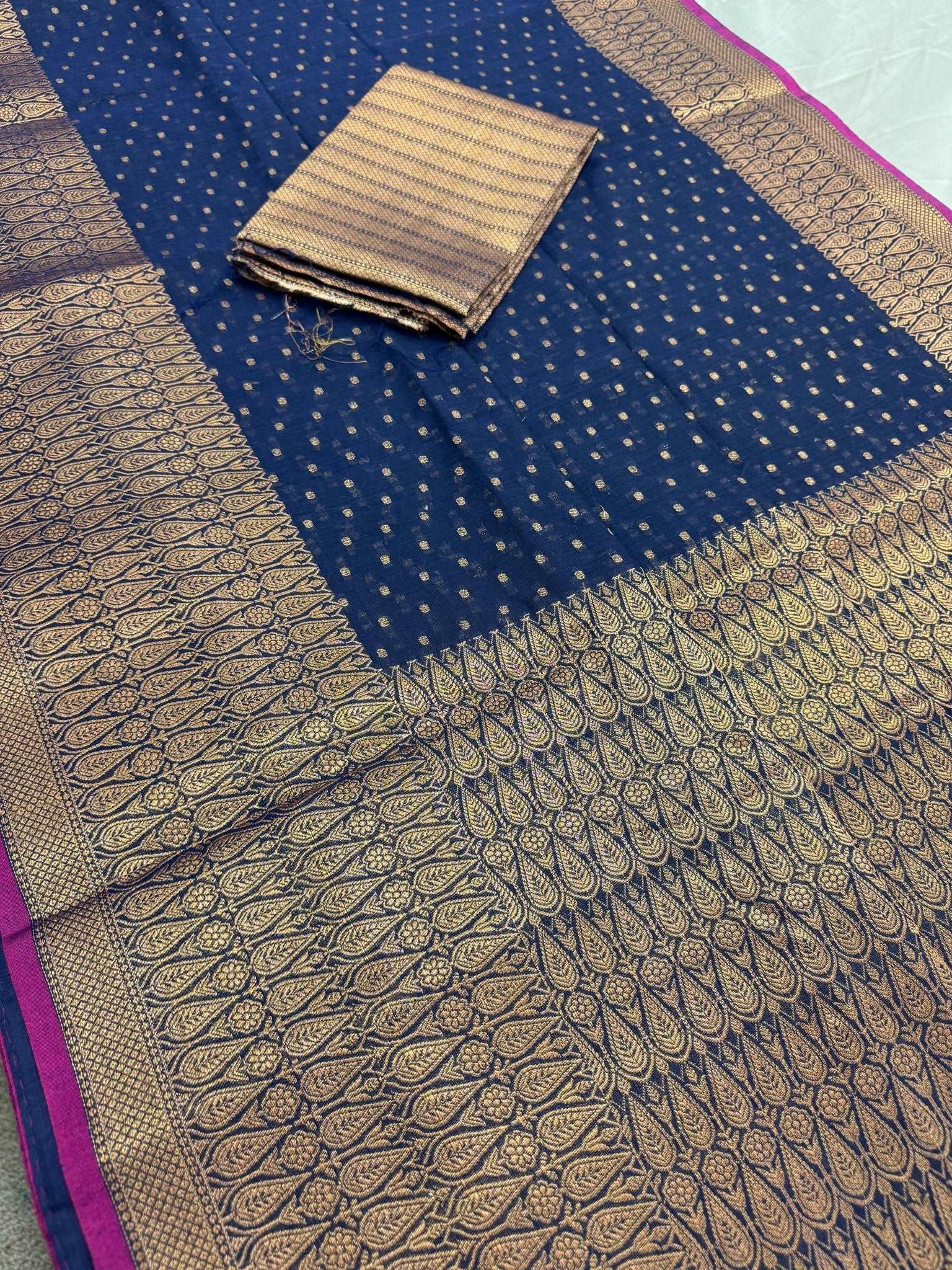 Blended Soft Cotton Silk Banarasi Saree in Dark Blue and Antique Gold - Saree Mandi