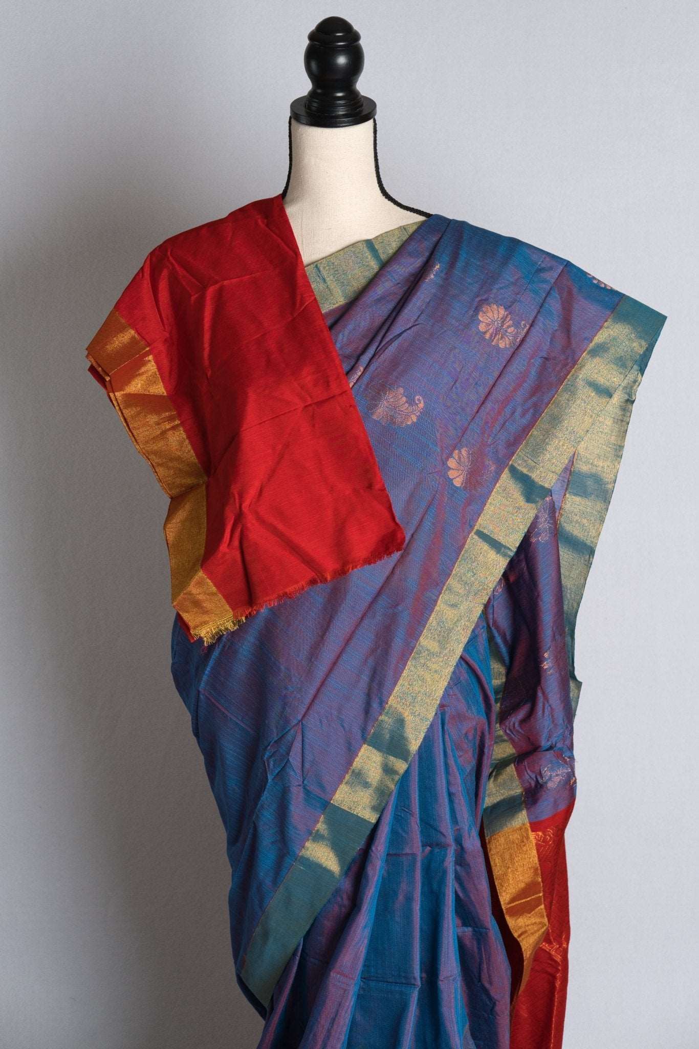 Blended Soft Cotton Silk Kanchipuram Saree in Peacock Blue and Red - Saree Mandi