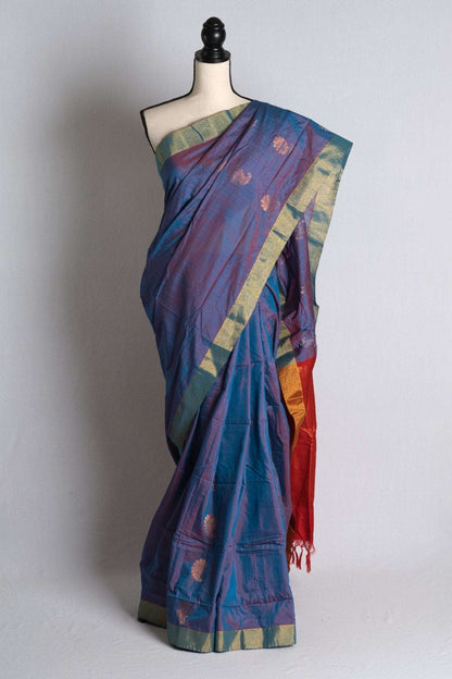 Blended Soft Cotton Silk Kanchipuram Saree in Peacock Blue and Red - Saree Mandi